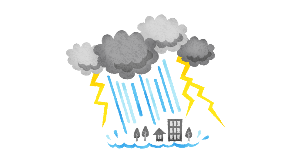 雷雲と大雨が降る町のイラスト